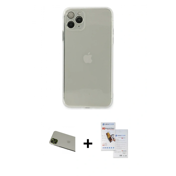 MARSİLYAN™- iPhone 11 Pro Max Kılıf Ahenk Doku - Siyah Seramik Nano Ekran Koruyucu + Rainbow Kamera Lens Koruma Cam - YL