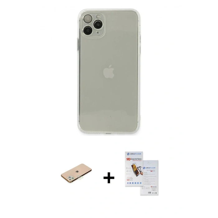 MARSİLYAN™- iPhone 11 Pro Max Kılıf Ahenk Doku - Siyah Seramik Nano Ekran Koruyucu + Renkli Kamera Lens Koruma Cam - YL