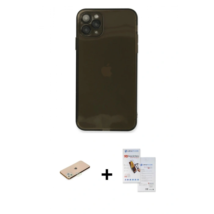 MARSİLYAN™- iPhone 11 Pro Max Kılıf Ahenk Doku - Siyah Seramik Nano Ekran Koruyucu + Renkli Kamera Lens Koruma Cam - YL