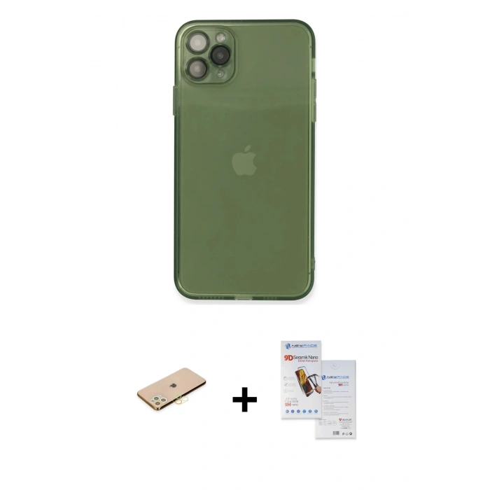 MARSİLYAN™- iPhone 11 Pro Max Kılıf Ahenk Doku - Siyah Seramik Nano Ekran Koruyucu + Renkli Kamera Lens Koruma Cam - SI