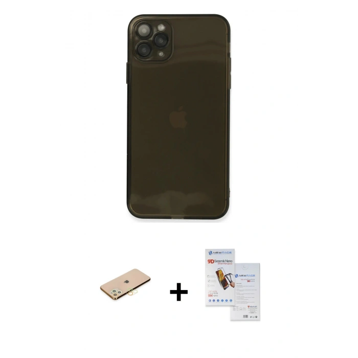 MARSİLYAN™- iPhone 11 Pro Max Kılıf Ahenk Doku - Siyah Seramik Nano Ekran Koruyucu + Renkli Kamera Lens Koruma Cam - SI