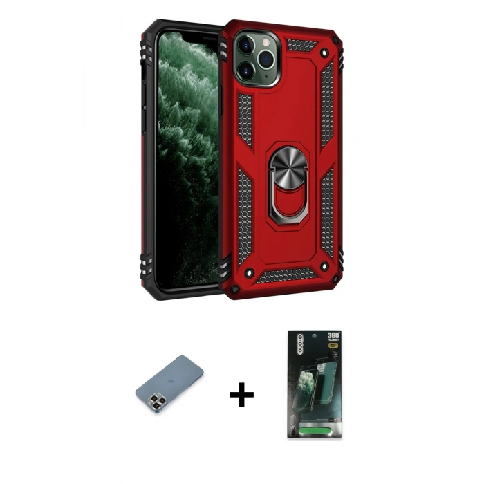 MARSİLYAN™- iPhone 11 Pro Max Kılıf Ahenk Klasik Koleksiyonu - Şeffaf 360 Full Body Arka Koruyucu + Metal Kamera Lens Koruma Cam - GD