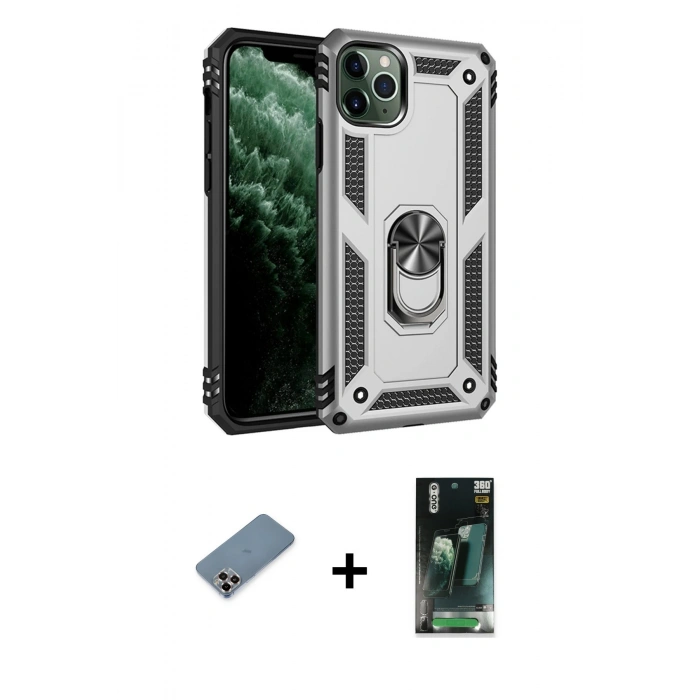 MARSİLYAN™- iPhone 11 Pro Max Kılıf Ahenk Klasik Koleksiyonu - Şeffaf 360 Full Body Arka Koruyucu + Metal Kamera Lens Koruma Cam - MR