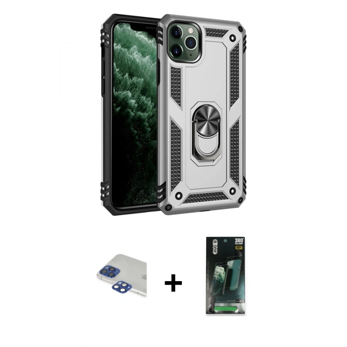 MARSİLYAN™- iPhone 11 Pro Max Kılıf Ahenk Klasik Koleksiyonu - Şeffaf 360 Full Body Arka Koruyucu + Pers Alüminyum Kamera Lens - LT