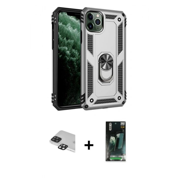 MARSİLYAN™- iPhone 11 Pro Max Kılıf Ahenk Klasik Koleksiyonu - Şeffaf 360 Full Body Arka Koruyucu + Pers Alüminyum Kamera Lens - SH
