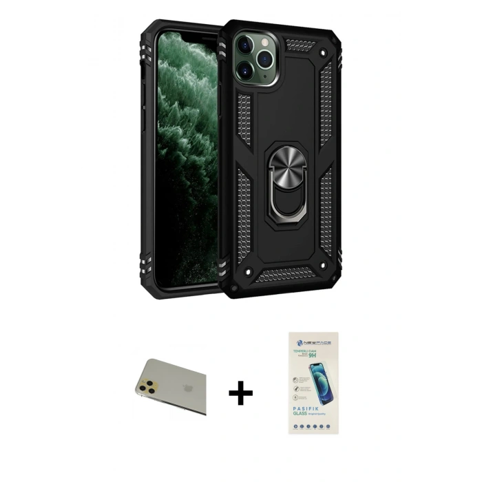 MARSİLYAN™- iPhone 11 Pro Max Kılıf Ahenk Klasik Koleksiyonu - Şeffaf Pasifik Cam Ekran Koruyucu + Gold Rainbow Kamera Lens Koruma Cam