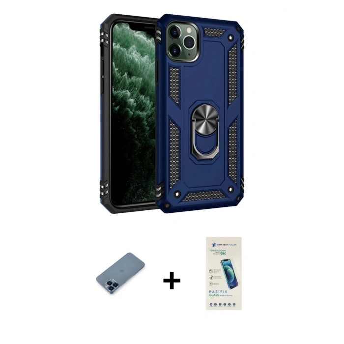 MARSİLYAN™- iPhone 11 Pro Max Kılıf Ahenk Klasik Koleksiyonu - Şeffaf Pasifik Cam Ekran Koruyucu + Metal Kamera Lens Koruma Cam - MI