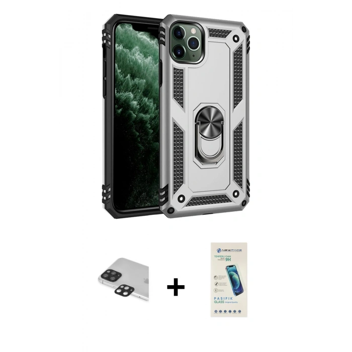 MARSİLYAN™- iPhone 11 Pro Max Kılıf Ahenk Klasik Koleksiyonu - Şeffaf Pasifik Cam Ekran Koruyucu + Pers Alüminyum Kamera Lens - SH