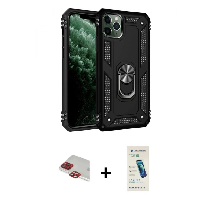 MARSİLYAN™- iPhone 11 Pro Max Kılıf Ahenk Klasik Koleksiyonu - Şeffaf Pasifik Cam Ekran Koruyucu + Pers Alüminyum Kamera Lens - KI