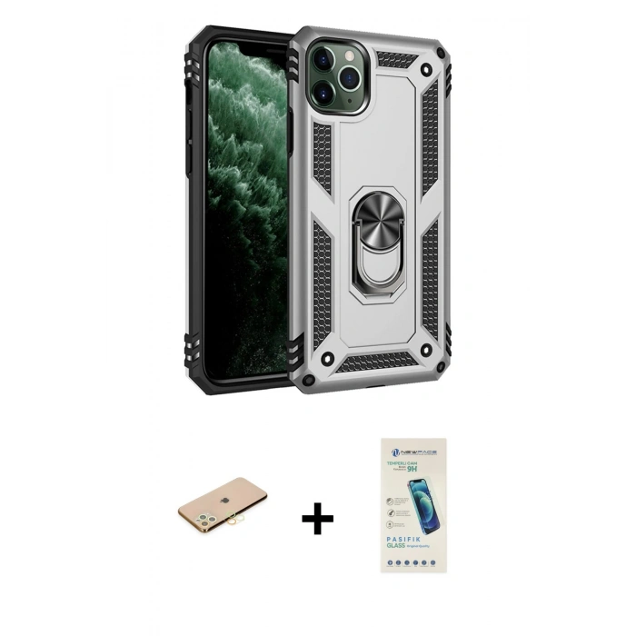 MARSİLYAN™- iPhone 11 Pro Max Kılıf Ahenk Klasik Koleksiyonu - Şeffaf Pasifik Cam Ekran Koruyucu + Renkli Kamera Lens Koruma Cam - SI