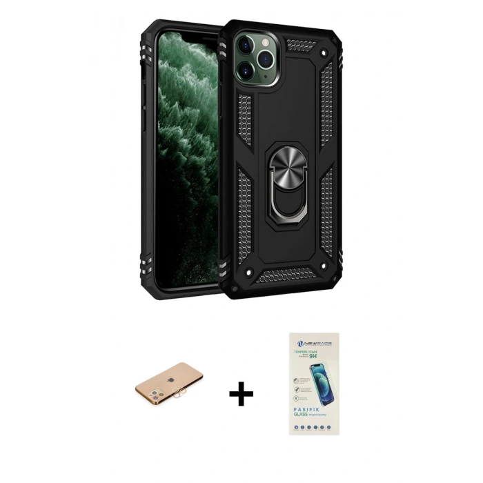 MARSİLYAN™- iPhone 11 Pro Max Kılıf Ahenk Klasik Koleksiyonu - Şeffaf Pasifik Cam Ekran Koruyucu + Turuncu Renkli Kamera Lens Koruma Cam