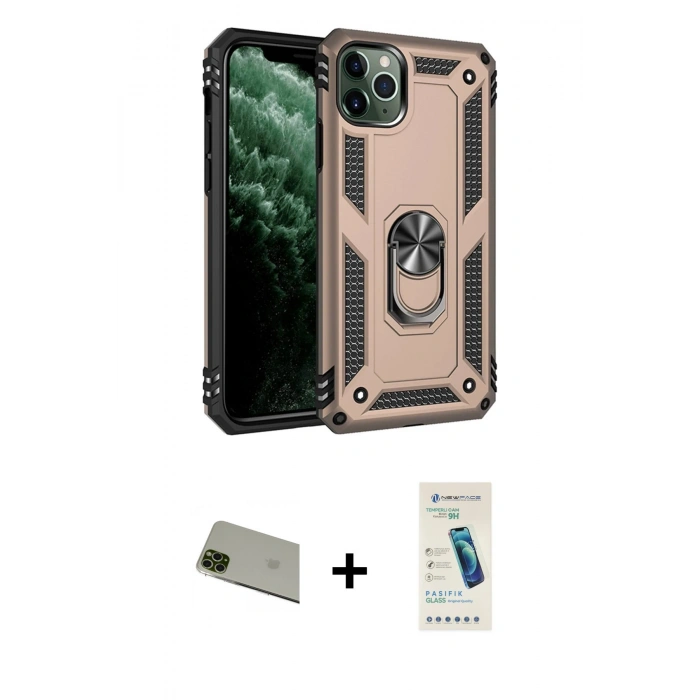 MARSİLYAN™- iPhone 11 Pro Max Kılıf Ahenk Klasik Koleksiyonu - Şeffaf Pasifik Cam Ekran Koruyucu + Rainbow Kamera Lens Koruma Cam - YL
