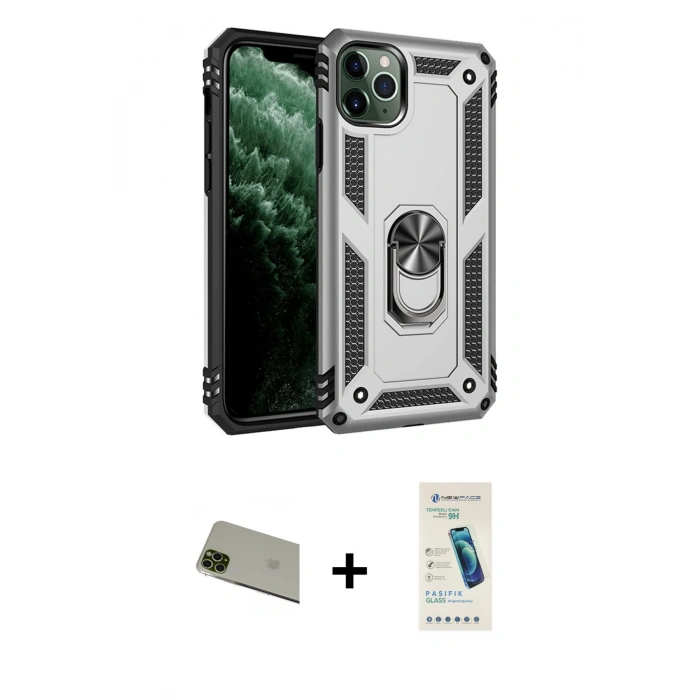 MARSİLYAN™- iPhone 11 Pro Max Kılıf Ahenk Klasik Koleksiyonu - Şeffaf Pasifik Cam Ekran Koruyucu + Rainbow Kamera Lens Koruma Cam - YL