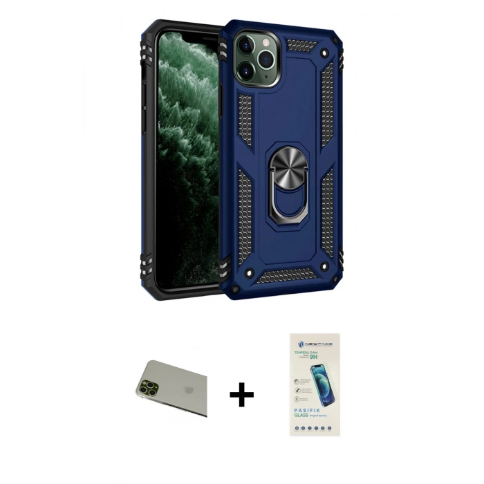 MARSİLYAN™- iPhone 11 Pro Max Kılıf Ahenk Klasik Koleksiyonu - Şeffaf Pasifik Cam Ekran Koruyucu + Rainbow Kamera Lens Koruma Cam - YL