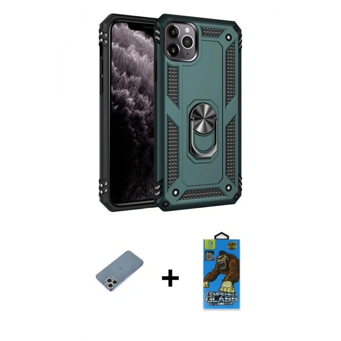 MARSİLYAN™- iPhone 11 Pro Max Kılıf Ahenk Klasik Koleksiyonu - Siyah 18D Cam Ekran Koruyucu + Shine Kamera Lens Koruma Cam - GS