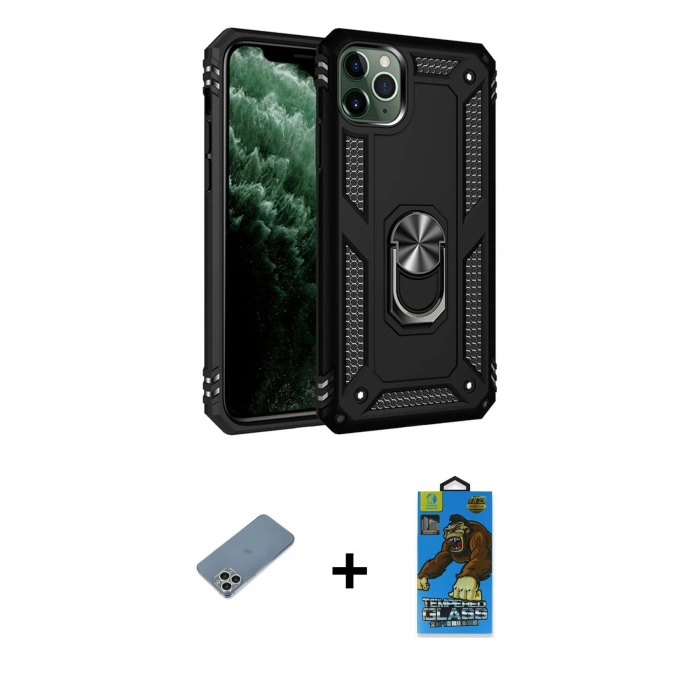 MARSİLYAN™- iPhone 11 Pro Max Kılıf Ahenk Klasik Koleksiyonu - Siyah 18D Cam Ekran Koruyucu + Shine Kamera Lens Koruma Cam - GS