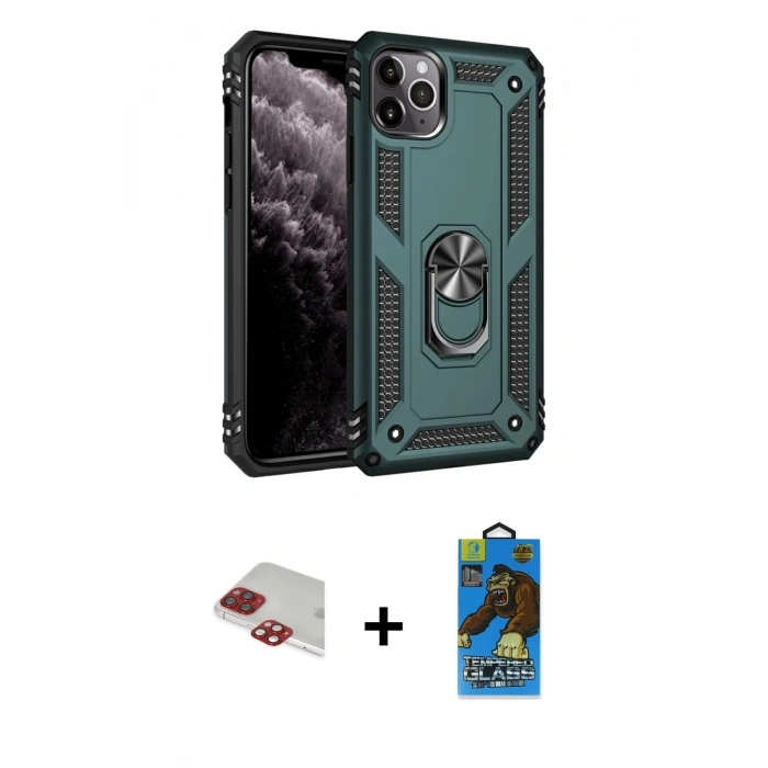 MARSİLYAN™- iPhone 11 Pro Max Kılıf Ahenk Klasik Koleksiyonu - Siyah 18D Cam Ekran Koruyucu + Pers Alüminyum Kamera Lens - KI
