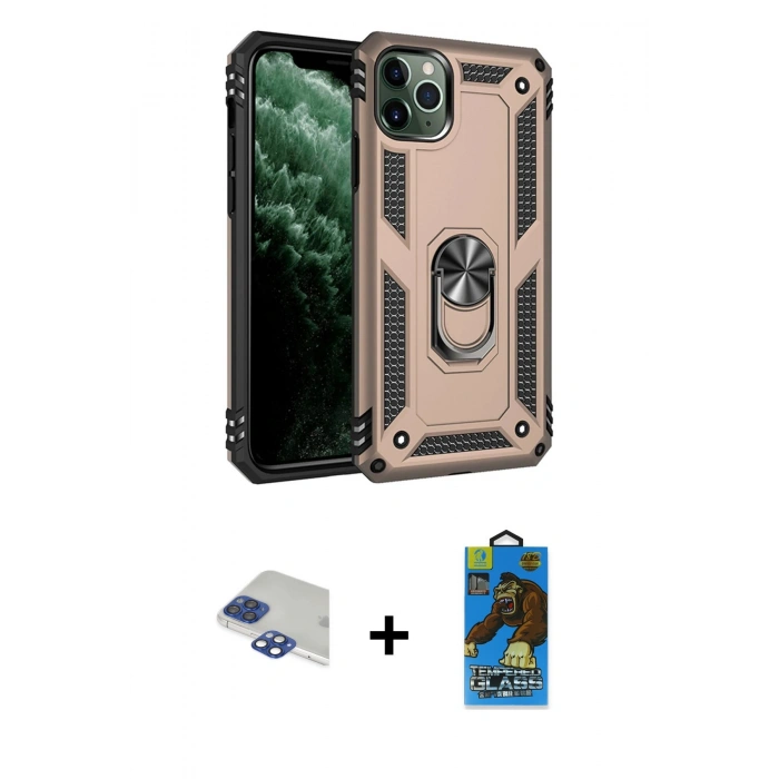 MARSİLYAN™- iPhone 11 Pro Max Kılıf Ahenk Klasik Koleksiyonu - Siyah 18D Cam Ekran Koruyucu + Lacivert Pers Alüminyum Kamera Lens
