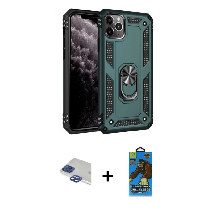 MARSİLYAN™- iPhone 11 Pro Max Kılıf Ahenk Klasik Koleksiyonu - Siyah 18D Cam Ekran Koruyucu + Lacivert Pers Alüminyum Kamera Lens