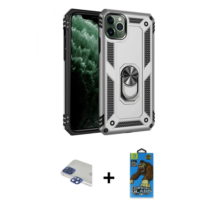 MARSİLYAN™- iPhone 11 Pro Max Kılıf Ahenk Klasik Koleksiyonu - Siyah 18D Cam Ekran Koruyucu + Lacivert Pers Alüminyum Kamera Lens