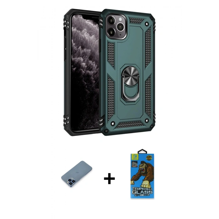 MARSİLYAN™- iPhone 11 Pro Max Kılıf Ahenk Klasik Koleksiyonu - Siyah 18D Cam Ekran Koruyucu + Metal Kamera Lens Koruma Cam - MI
