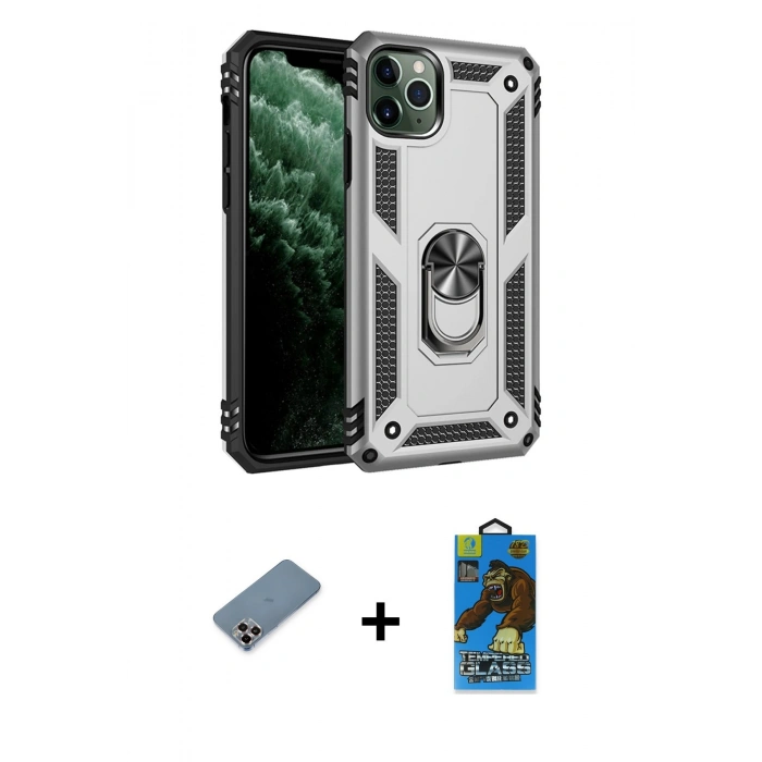 MARSİLYAN™- iPhone 11 Pro Max Kılıf Ahenk Klasik Koleksiyonu - Siyah 18D Cam Ekran Koruyucu + Metal Kamera Lens Koruma Cam - MR