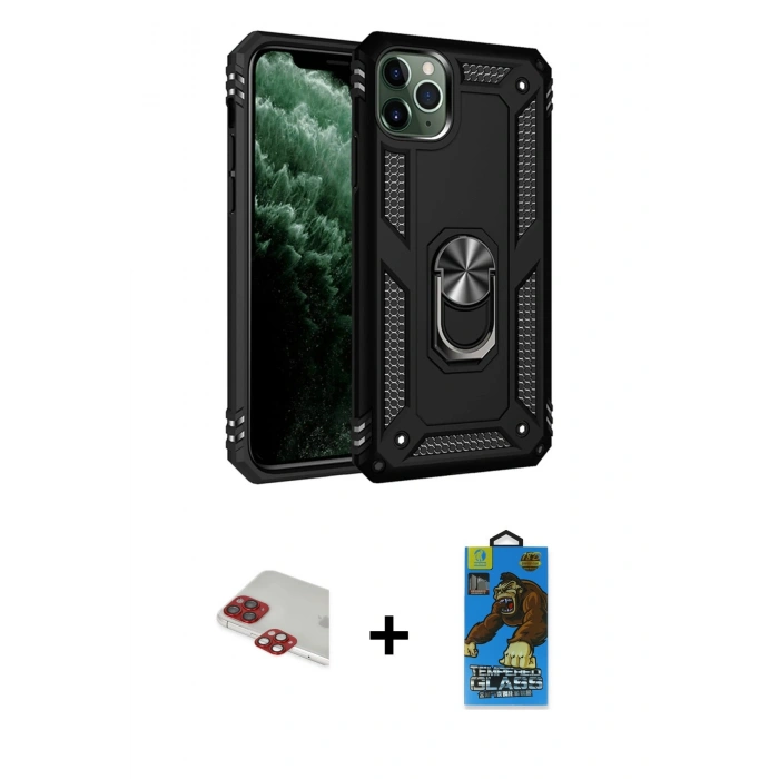 MARSİLYAN™- iPhone 11 Pro Max Kılıf Ahenk Klasik Koleksiyonu - Siyah 18D Cam Ekran Koruyucu + Pers Alüminyum Kamera Lens - KI