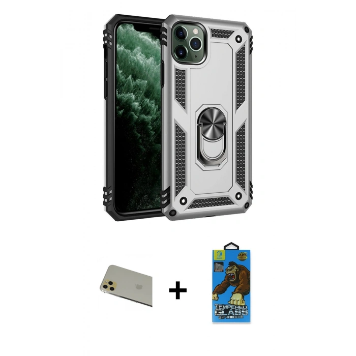 MARSİLYAN™- iPhone 11 Pro Max Kılıf Ahenk Klasik Koleksiyonu - Siyah 18D Cam Ekran Koruyucu + Rainbow Kamera Lens Koruma Cam - GD