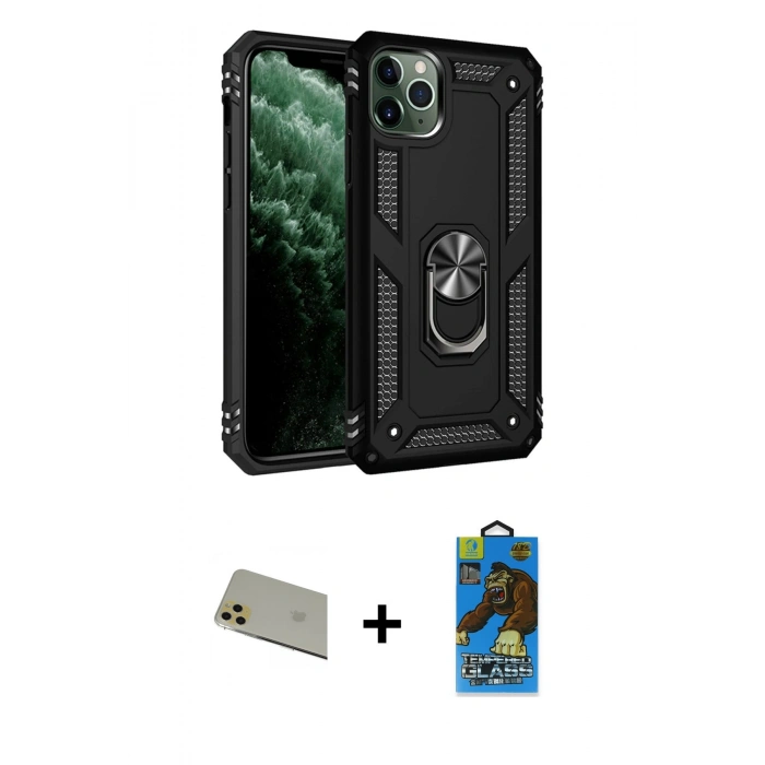 MARSİLYAN™- iPhone 11 Pro Max Kılıf Ahenk Klasik Koleksiyonu - Siyah 18D Cam Ekran Koruyucu + Rainbow Kamera Lens Koruma Cam - GD