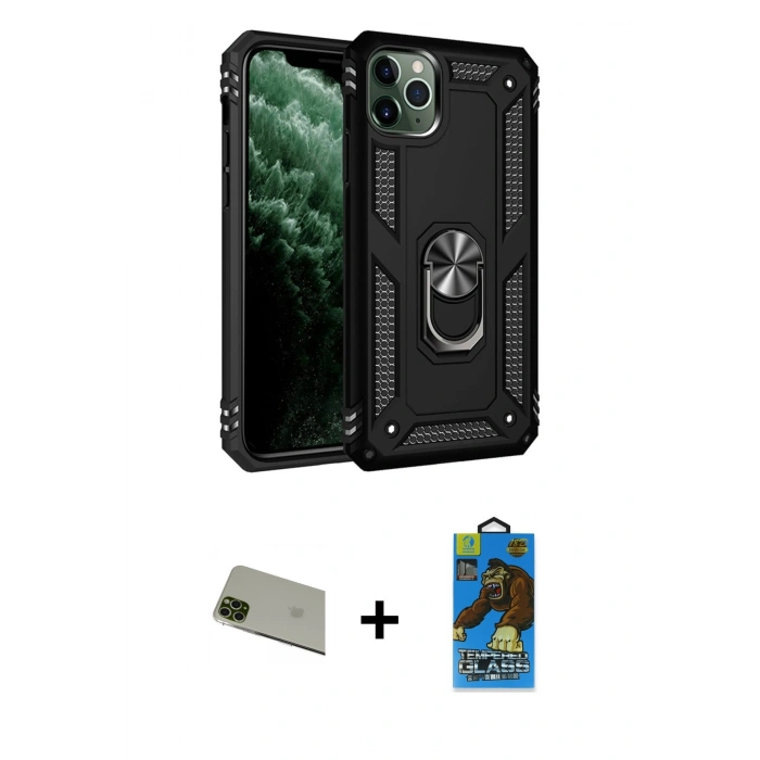 MARSİLYAN™- iPhone 11 Pro Max Kılıf Ahenk Klasik Koleksiyonu - Siyah 18D Cam Ekran Koruyucu + Rainbow Kamera Lens Koruma Cam - YL