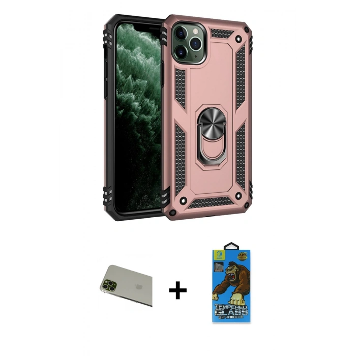 MARSİLYAN™- iPhone 11 Pro Max Kılıf Ahenk Klasik Koleksiyonu - Siyah 18D Cam Ekran Koruyucu + Rainbow Kamera Lens Koruma Cam - YL