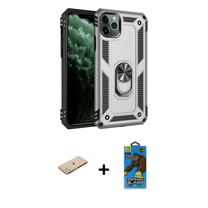 MARSİLYAN™- iPhone 11 Pro Max Kılıf Ahenk Klasik Koleksiyonu - Siyah 18D Cam Ekran Koruyucu + Renkli Kamera Lens Koruma Cam - YL