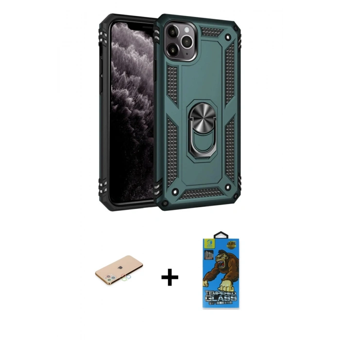 MARSİLYAN™- iPhone 11 Pro Max Kılıf Ahenk Klasik Koleksiyonu - Siyah 18D Cam Ekran Koruyucu + Renkli Kamera Lens Koruma Cam - MI