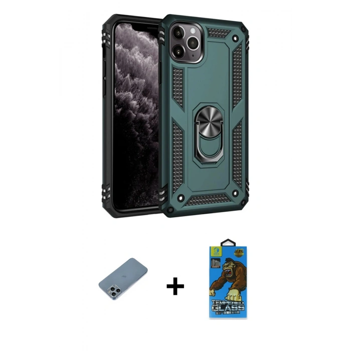 MARSİLYAN™- iPhone 11 Pro Max Kılıf Ahenk Klasik Koleksiyonu - Siyah 18D Cam Ekran Koruyucu + Shine Kamera Lens Koruma Cam - SABE