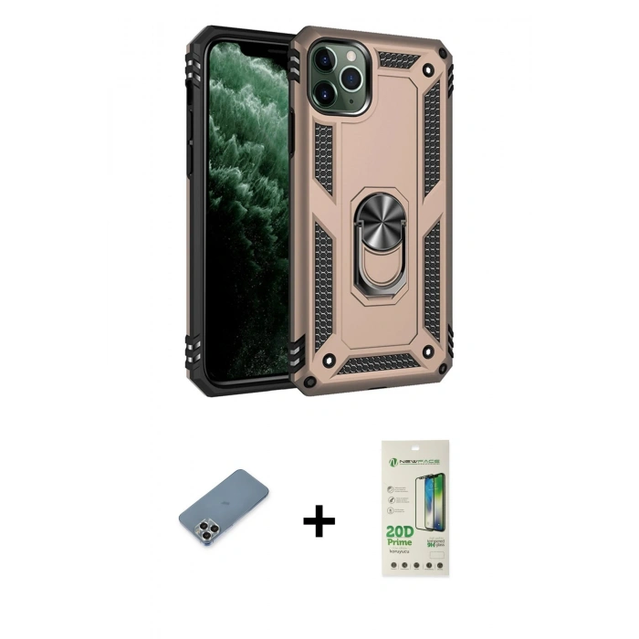 MARSİLYAN™- iPhone 11 Pro Max Kılıf Ahenk Klasik Koleksiyonu - Siyah 20D Premium Cam Ekran Koruyucu + Metal Kamera Lens Koruma Cam - GS