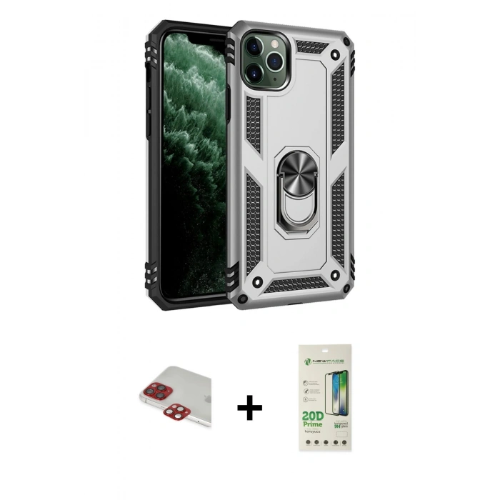 MARSİLYAN™- iPhone 11 Pro Max Kılıf Ahenk Klasik Koleksiyonu - Siyah 20D Premium Cam Ekran Koruyucu + Kırmızı Pers Alüminyum Kamera Lens