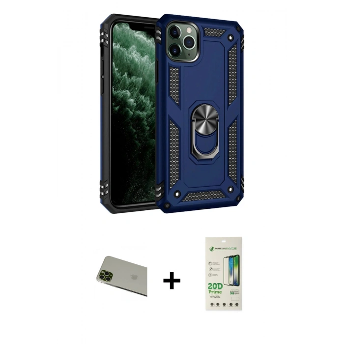 MARSİLYAN™- iPhone 11 Pro Max Kılıf Ahenk Klasik Koleksiyonu - Siyah 20D Premium Cam Ekran Koruyucu + Rainbow Kamera Lens Koruma Cam - YL