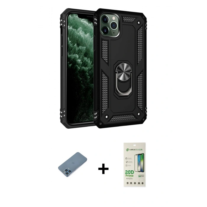 MARSİLYAN™- iPhone 11 Pro Max Kılıf Ahenk Klasik Koleksiyonu - Siyah 20D Premium Cam Ekran Koruyucu + Shine Kamera Lens Koruma Cam - MI