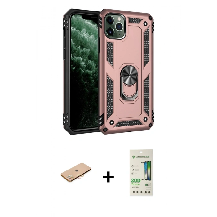 MARSİLYAN™- iPhone 11 Pro Max Kılıf Ahenk Klasik Koleksiyonu - Siyah 20D Premium Cam Ekran Koruyucu + Turuncu Renkli Kamera Lens Koruma Cam