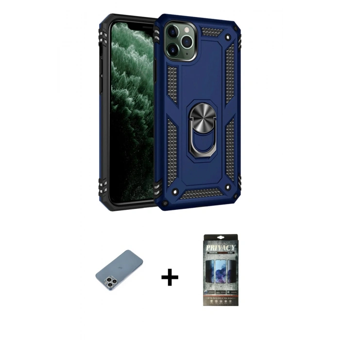 MARSİLYAN™- iPhone 11 Pro Max Kılıf Ahenk Klasik Koleksiyonu - Siyah 34D Hayalet Izgaralı Cam + Shine Kamera Lens Koruma Cam - GS