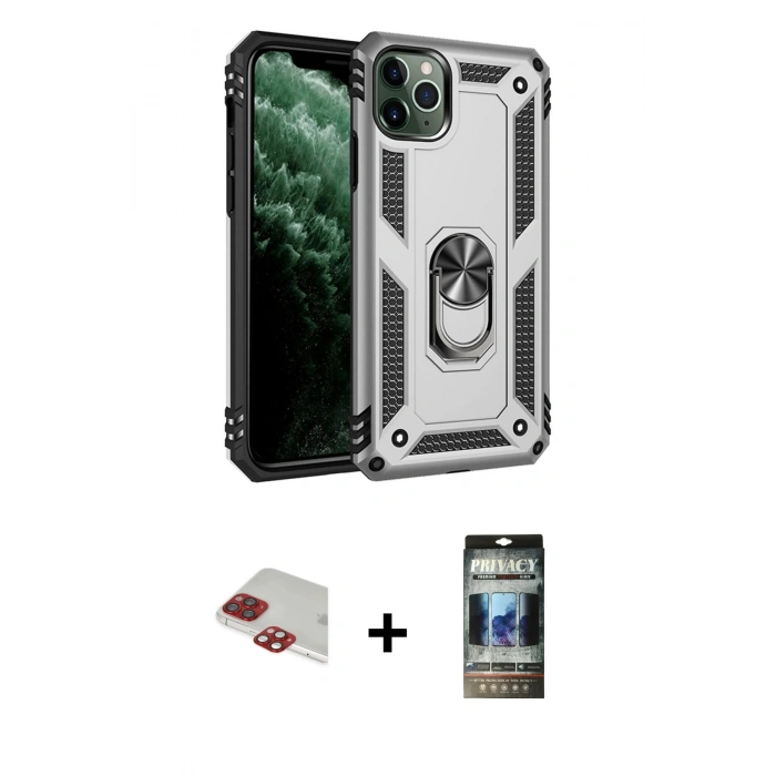 MARSİLYAN™- iPhone 11 Pro Max Kılıf Ahenk Klasik Koleksiyonu - Siyah 34D Hayalet Izgaralı Cam + Pers Alüminyum Kamera Lens - KI