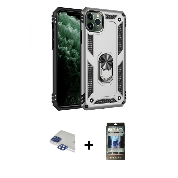 MARSİLYAN™- iPhone 11 Pro Max Kılıf Ahenk Klasik Koleksiyonu - Siyah 34D Hayalet Izgaralı Cam + Pers Alüminyum Kamera Lens - LT