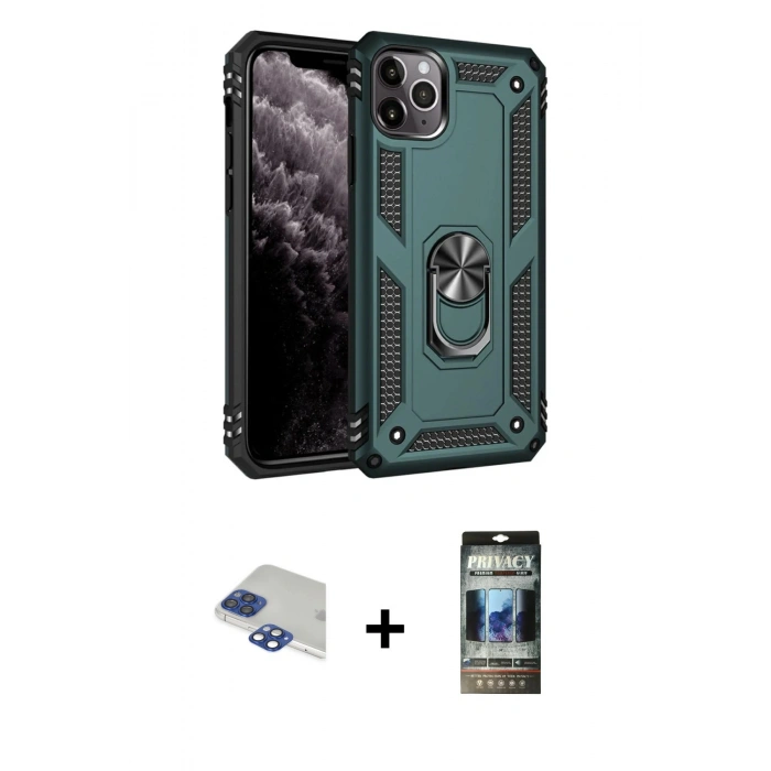 MARSİLYAN™- iPhone 11 Pro Max Kılıf Ahenk Klasik Koleksiyonu - Siyah 34D Hayalet Izgaralı Cam + Pers Alüminyum Kamera Lens - LT