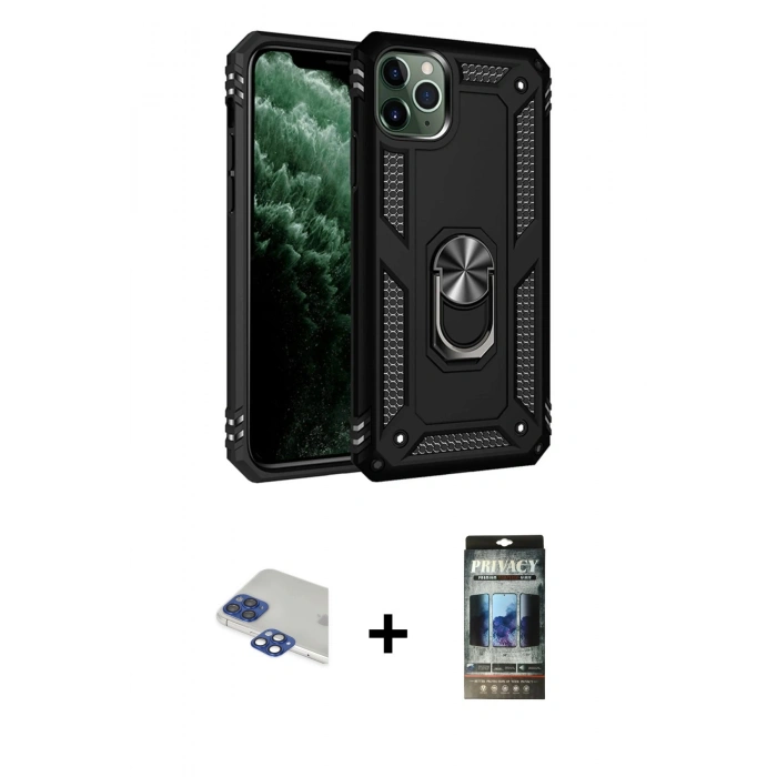 MARSİLYAN™- iPhone 11 Pro Max Kılıf Ahenk Klasik Koleksiyonu - Siyah 34D Hayalet Izgaralı Cam + Pers Alüminyum Kamera Lens - LT