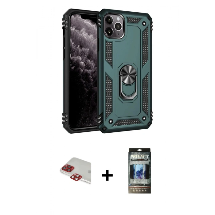 MARSİLYAN™- iPhone 11 Pro Max Kılıf Ahenk Klasik Koleksiyonu - Siyah 34D Hayalet Izgaralı Cam + Pers Alüminyum Kamera Lens - KI