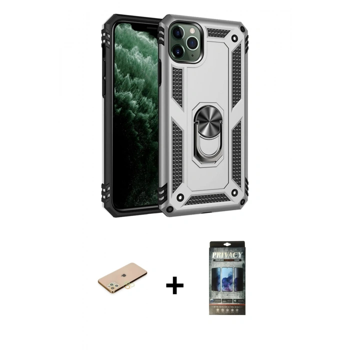 MARSİLYAN™- iPhone 11 Pro Max Kılıf Ahenk Klasik Koleksiyonu - Siyah 34D Hayalet Izgaralı Cam + Renkli Kamera Lens Koruma Cam - SI