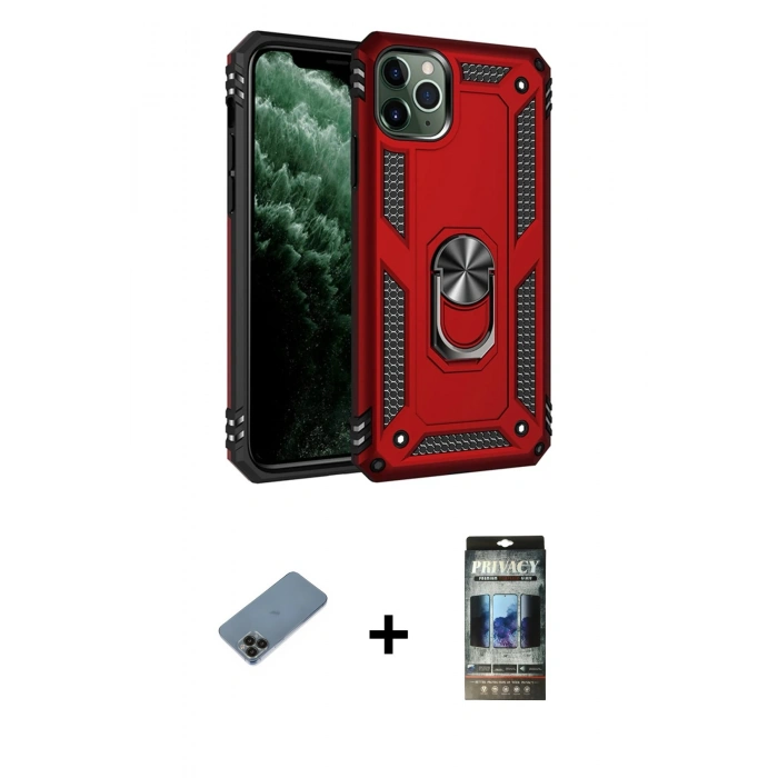 MARSİLYAN™- iPhone 11 Pro Max Kılıf Ahenk Klasik Koleksiyonu - Siyah 34D Hayalet Izgaralı Cam + Shine Kamera Lens Koruma Cam - SH