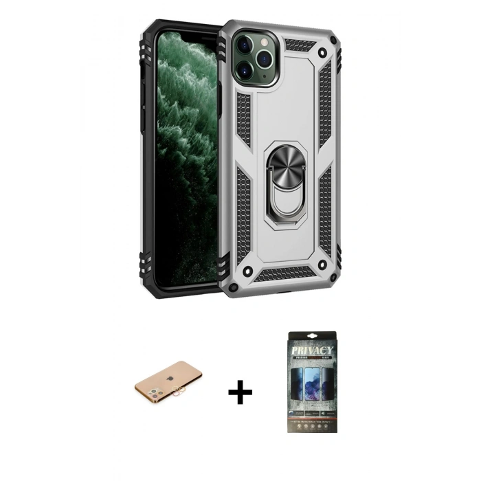 MARSİLYAN™- iPhone 11 Pro Max Kılıf Ahenk Klasik Koleksiyonu - Siyah 34D Hayalet Izgaralı Cam + Renkli Kamera Lens Koruma Cam - TU