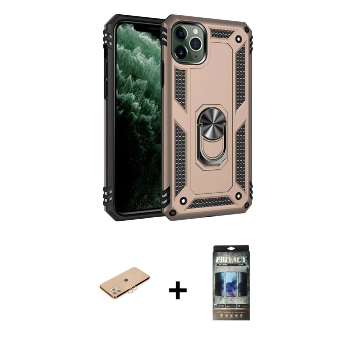 MARSİLYAN™- iPhone 11 Pro Max Kılıf Ahenk Klasik Koleksiyonu - Siyah 34D Hayalet Izgaralı Cam + Renkli Kamera Lens Koruma Cam - TU