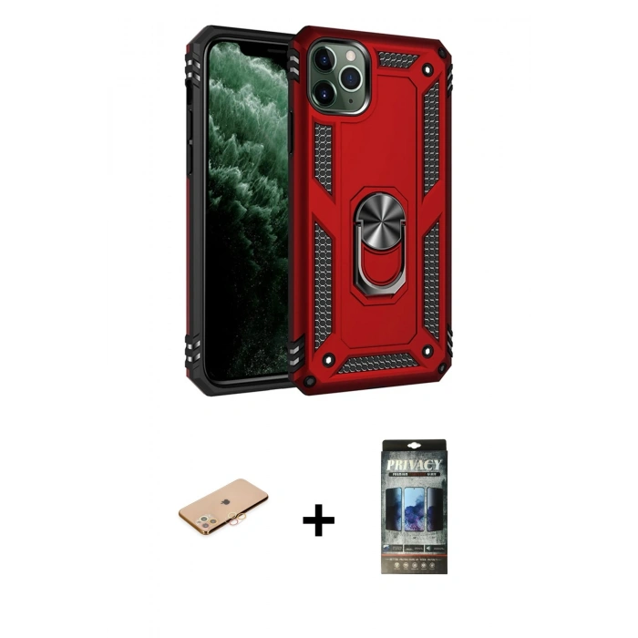 MARSİLYAN™- iPhone 11 Pro Max Kılıf Ahenk Klasik Koleksiyonu - Siyah 34D Hayalet Izgaralı Cam + Renkli Kamera Lens Koruma Cam - TU